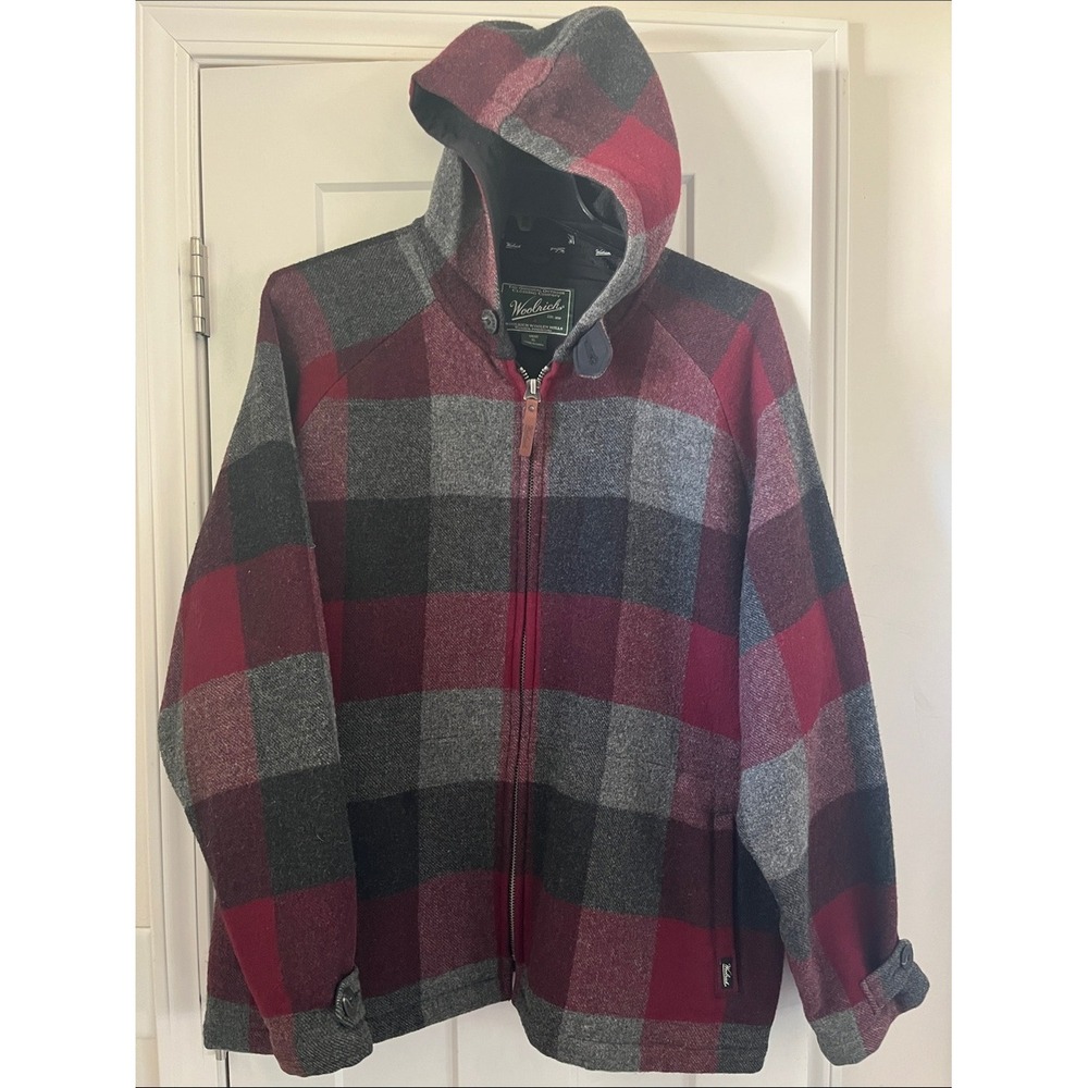 Woolrich Wool Hooded Plaid Field Jacket in Red & Gray